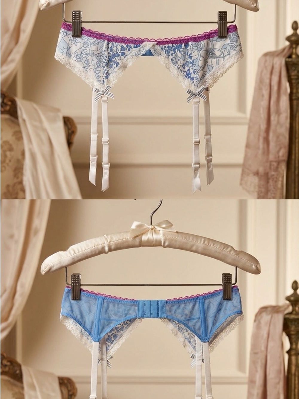 Liberty of London Blue and White Lace Garter Belt with Pink Trim